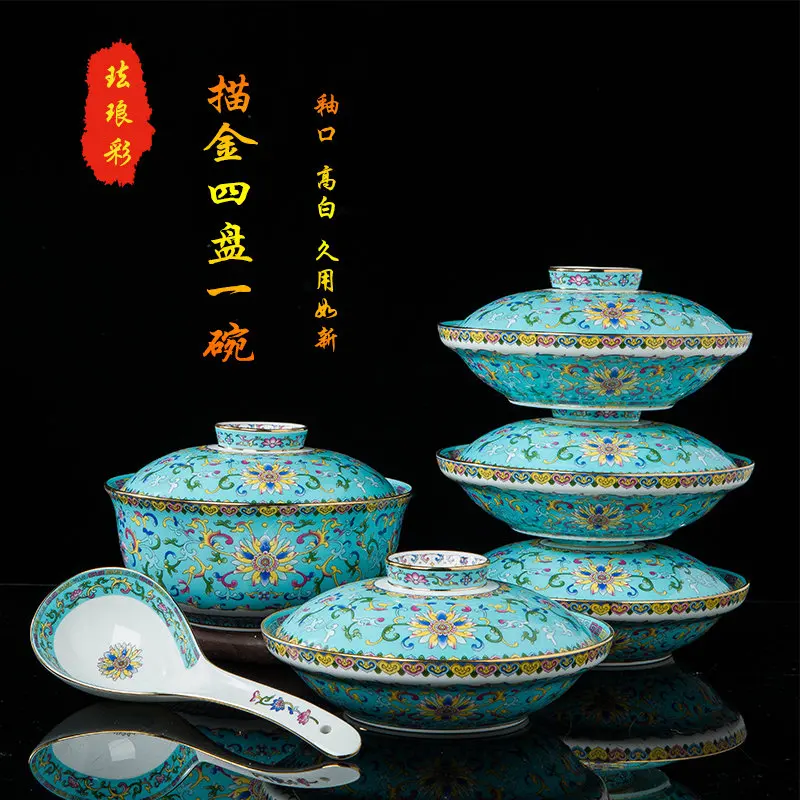 Chinese Vintage Large Enamel Soup Bowl with Lid High-End Salad Bowls for Serving Luxury Set Jingdezhen Ceramic Tableware