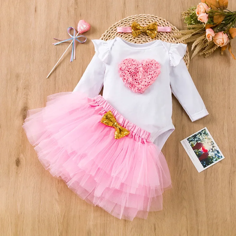 Baby Birthday Tutu Romper Skirt Heart Flower Mother\'s Day Love Flying Sleeves Sweetheart Clothes Mesh Half Skirt Set Baby Dress