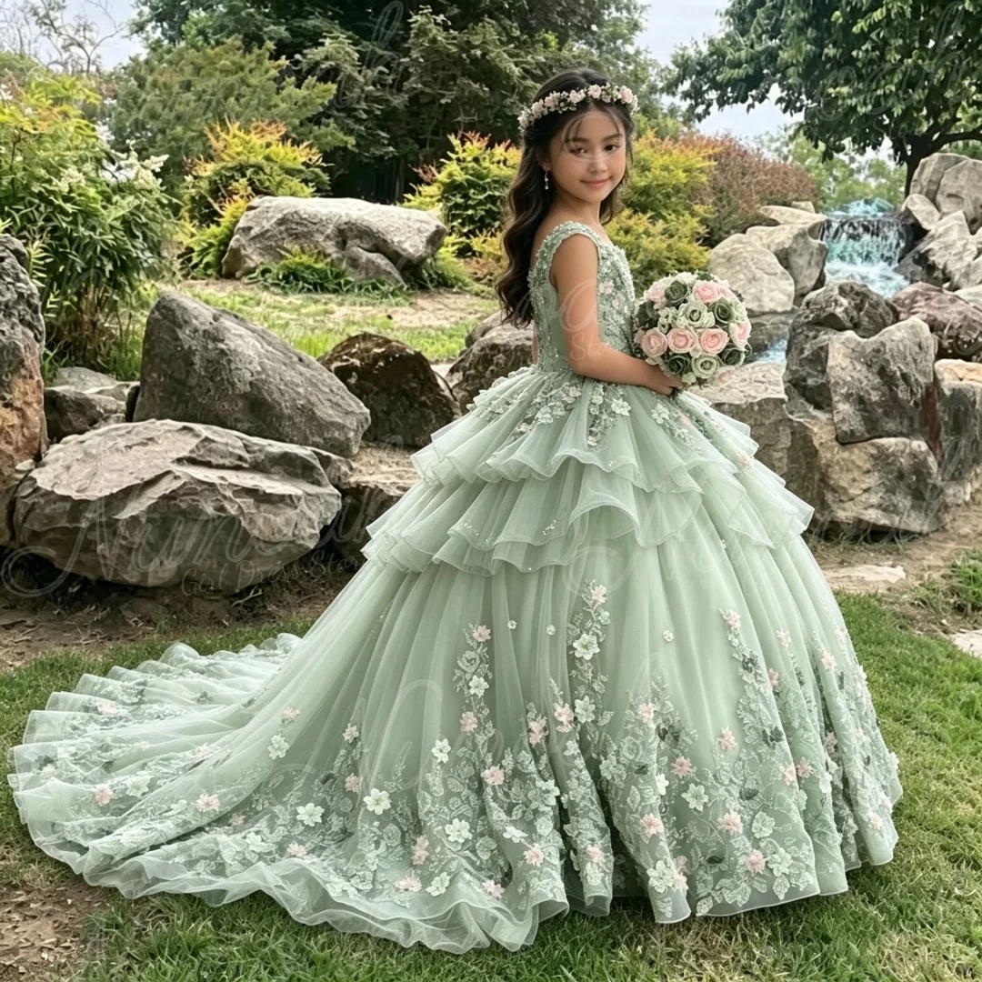 Green Flower Girl Dresses with Trail Floral Lace Appliques Sleeveless Princess Kids Birthday Pageant Gown First Communion Gowns
