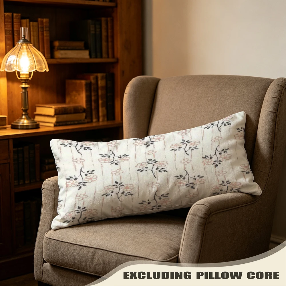 White Brown Botanical Sketch Print Long Pillow Cover, Hand Drawn Style, Guest Bedroom Decorative, Polyester, Holiday Gift