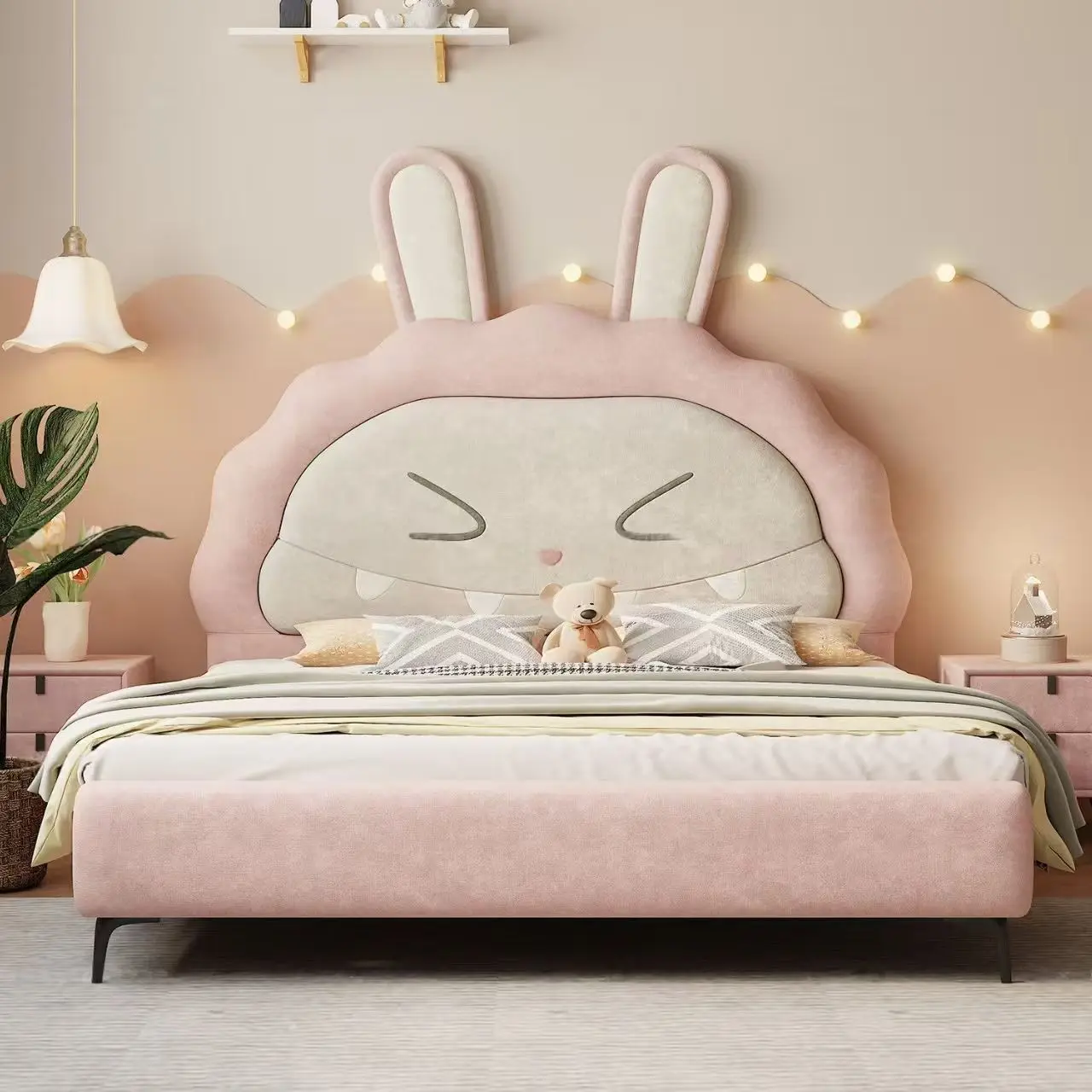

&*Modern Bedroom for Home Use Rabbit Kids Twin Leather Bed Animal Shaped Luxury High End Children Bedroom Furniture