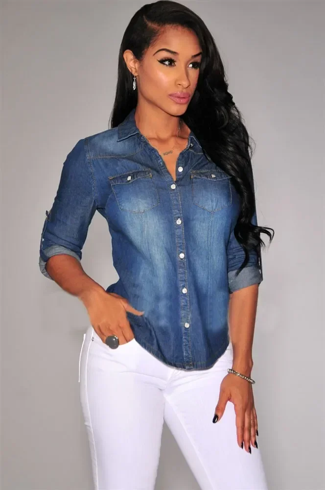 

Women Shirts Long Sleeve Turn Down Collar Single Breasted Button Denim Blouses Solid Color Slim Fit High Street Pockets