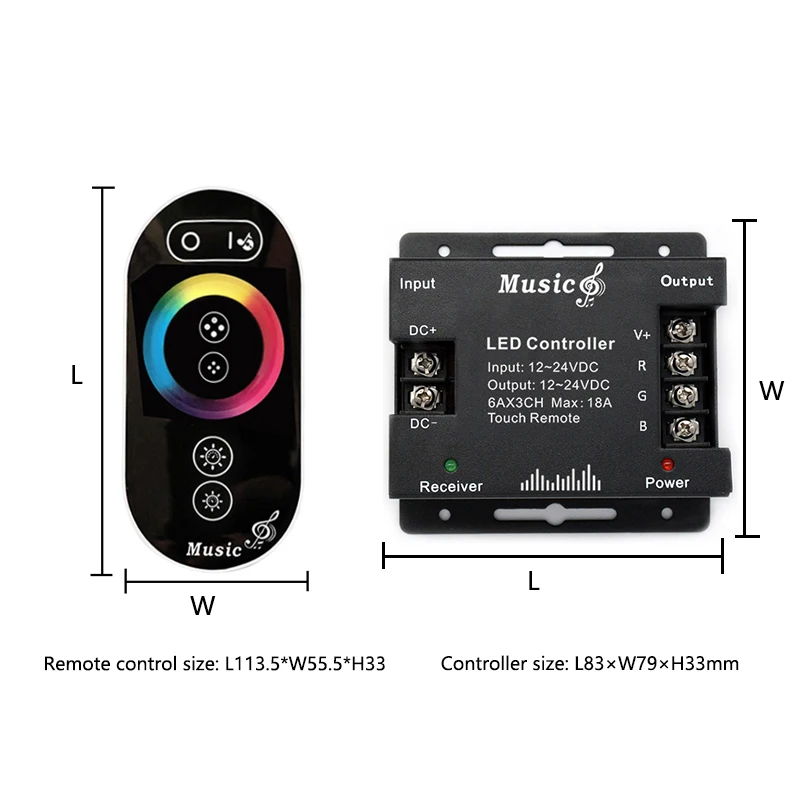 RGB Music Controller 12V 24V 18A 3-Way PWM Signal RF Wireless Full Touch Dimmer Remote for 5050 2835 Colorful LED Strip Light