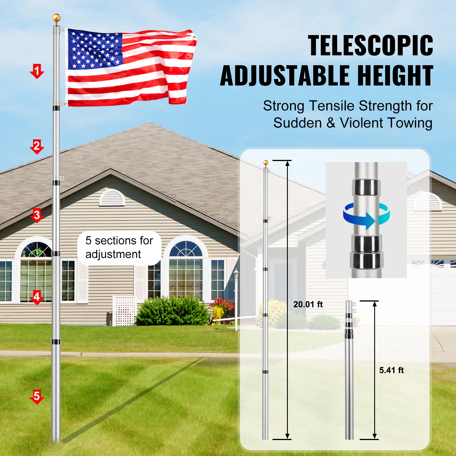 20FT Silver Telescoping Flag pole Kit, Heavy Duty Aluminum Alloy in Ground Flag Poles for Outside, 3 Display Modes Flagpole with 3x5 American Flag view 2