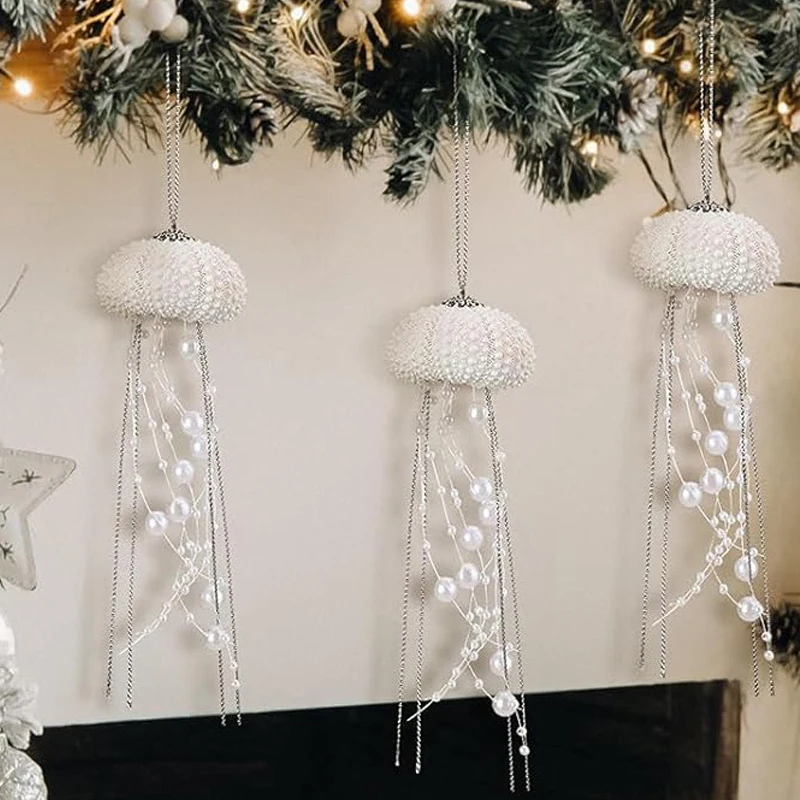 3PCS Christmas Tree Hanging Sea Shell Jellyfish Ornaments Bedroom Balcony Window Pendant Crystal Prism Light Catcher Home Decor