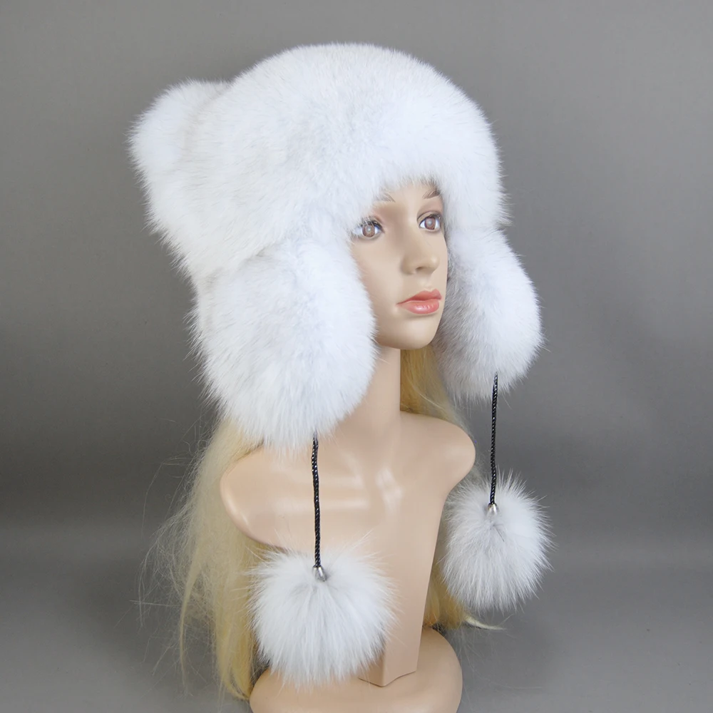 2025 Winter Fur Hat For Women Hat With Ear Real Fox Fur Caps Russian Luxury Women Bomber Hats Bonnets Trapper Cap Camo Fox Hat