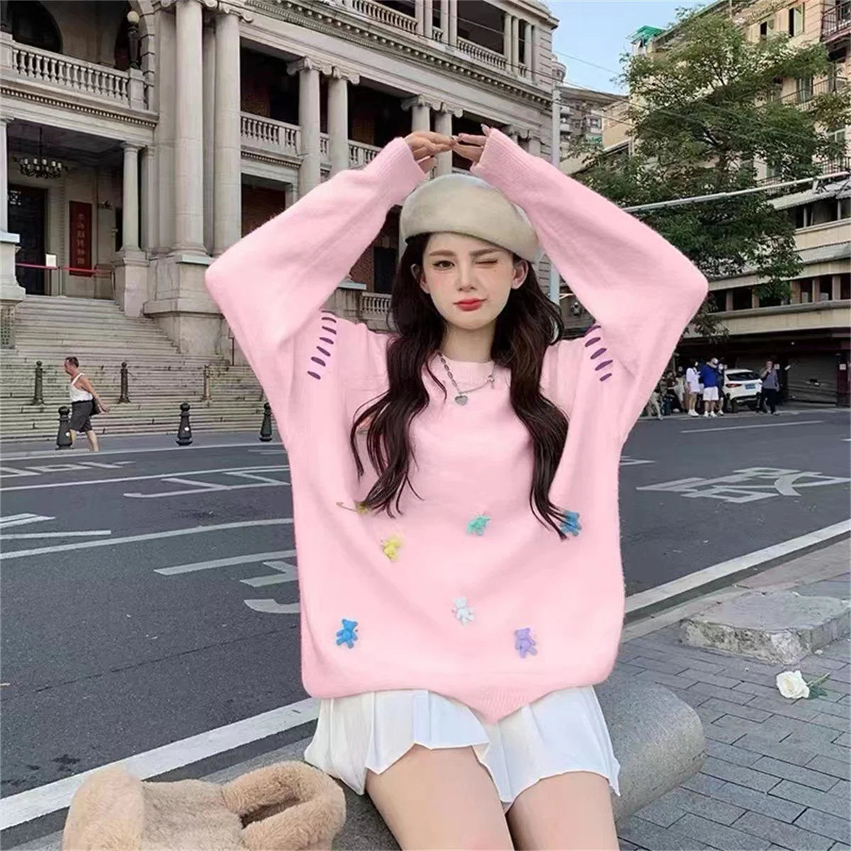 Korean Kawaii Sweater Women Autumn Winter Bear Embroidery O-neck Long Sleeve Loose Pullovers Tops Fashion Casual Knitwear Jumper