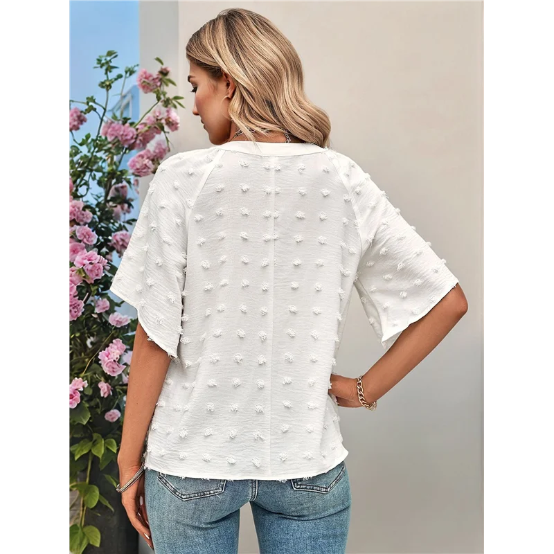 

AG-Womens Ruffle Sleeve Summer Tops Short Sleeve Blouses V Neck Pom Pom Shirts