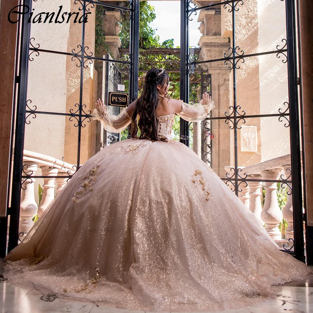 Rose Gold 3D Flowers Ball Gown Quinceanera Dresses Beading Pearls Detachable Sleeve Corset Vestidos De 15 Años