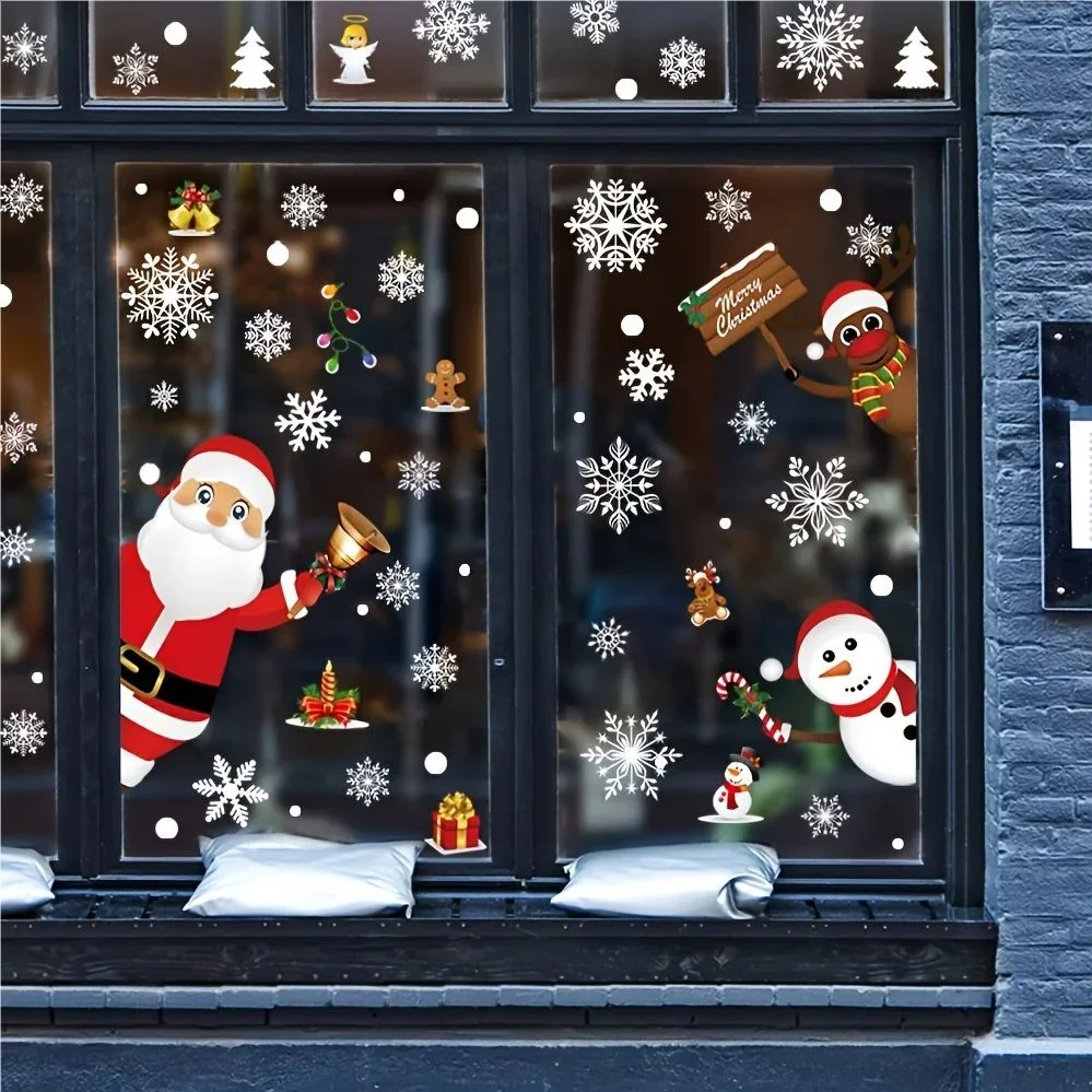 82PCS New Year Windows Stickers Cartoon Snowman snowflake Santa Claus Christmas Window Wall Sticker Self-adhesive Decoration
