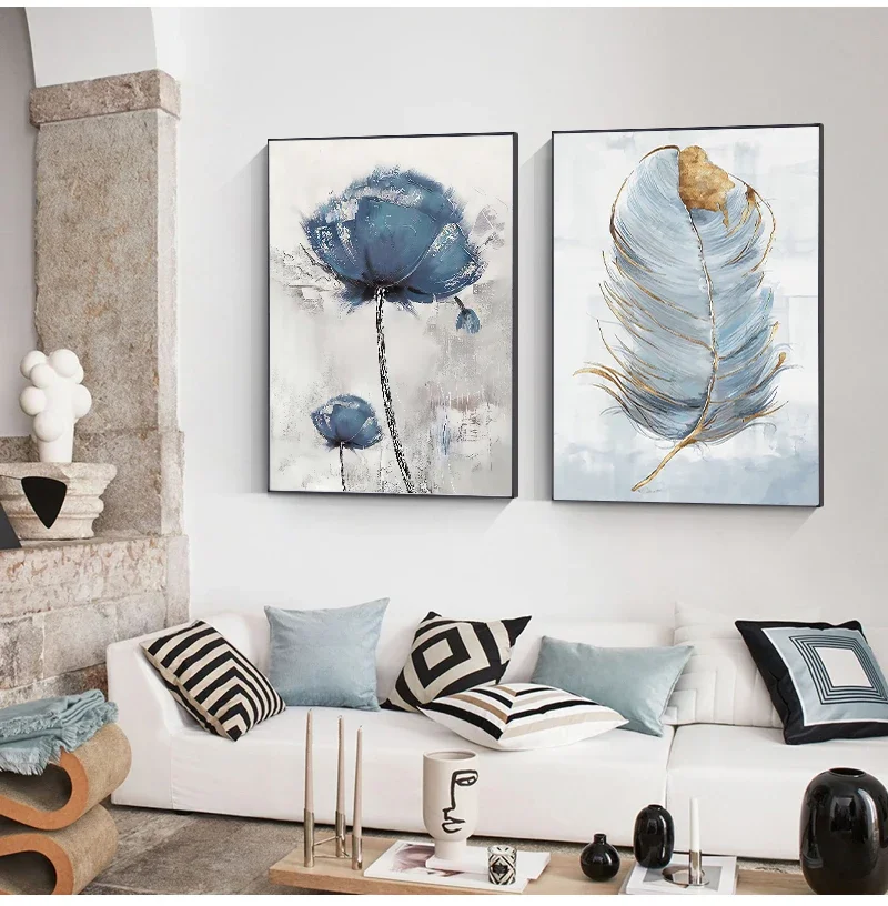 Nordic Modern Aesthetics Wall Art Blue Feather Flower Abstract Oil Poster and Print Home Bedroom Living Room Decoration Gift