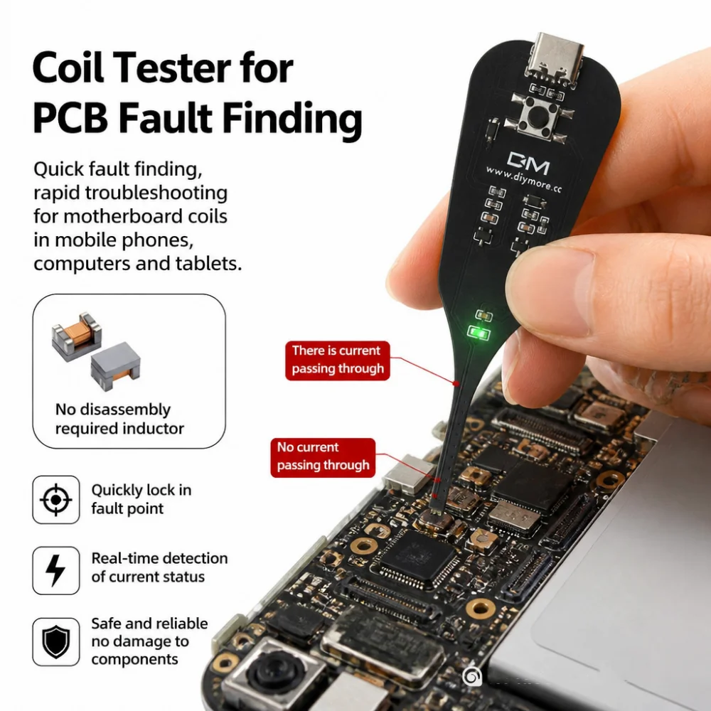 diymore Black inductance tester motherboard coil tester quick troubleshooting precise positioning Type C or with CR2032 battery