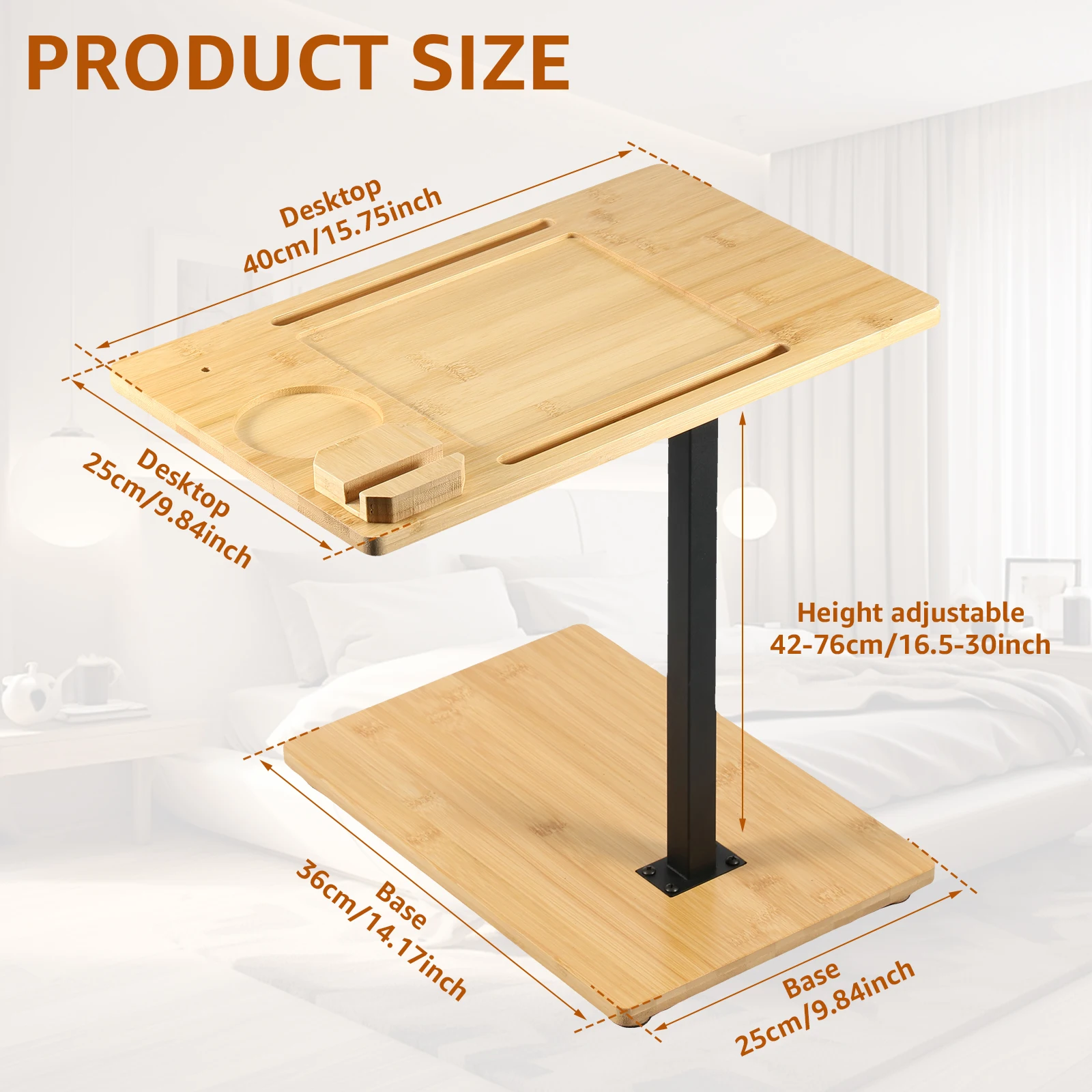 Couch Side Table 360° Swivel Sofa Tray Table Height Adjustable End Table for Bed or Chair with Phone and Tablet Slots Practical