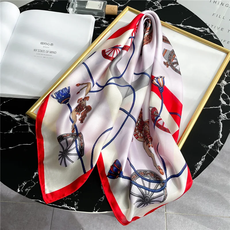 Luxury Horse Print Square Scarf for Women Satin Fashion Wraps Neckerchief Female Hair Bands Headband Bandana 70X70CM