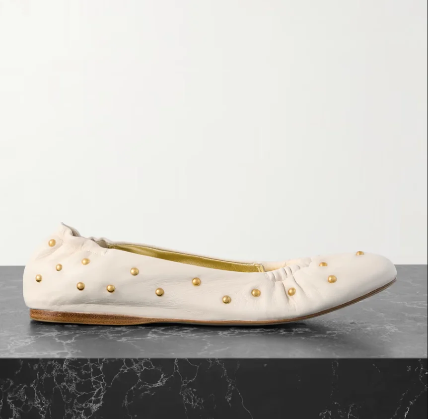 

Hand-finished Studded Ruched Leather Ballet Flats Ruching And Elastic At The Rounded Toes And Back KeepThem Comfortable