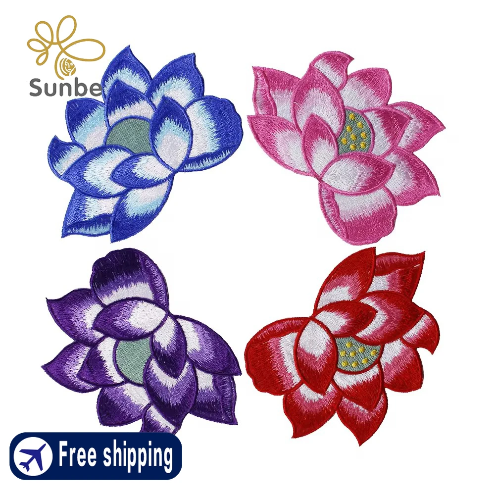 Lotus Flower Embroidery Applique Iron on Fabric Patches Badges Sticker Garment Repair Decorated Sewing Accessories TH680