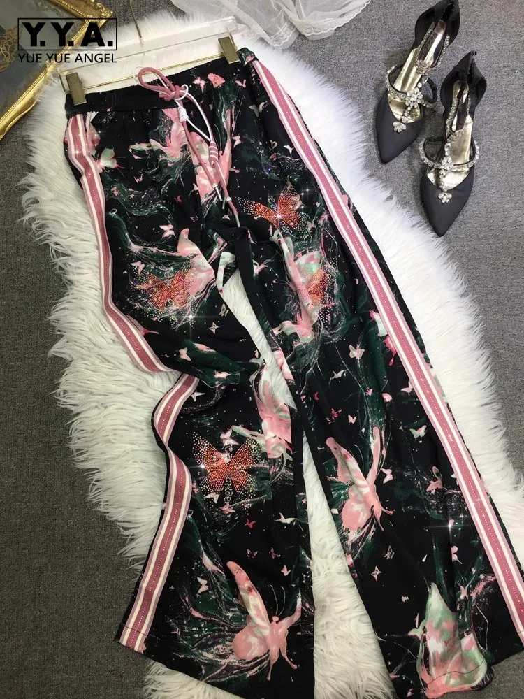 

Женские модные брюки с принтом, эластичные брюки с высокой талией, свободные прямые брюки в стиле Харадзюку с бриллиантами, новые удобные женские повседневные брюки