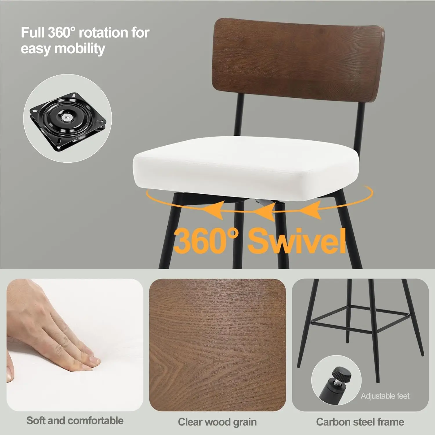 Counter Height Swivel Bar Stools Set of 3, Upholstered Faux Leather Barstools with Wood Backs and Metal Legs