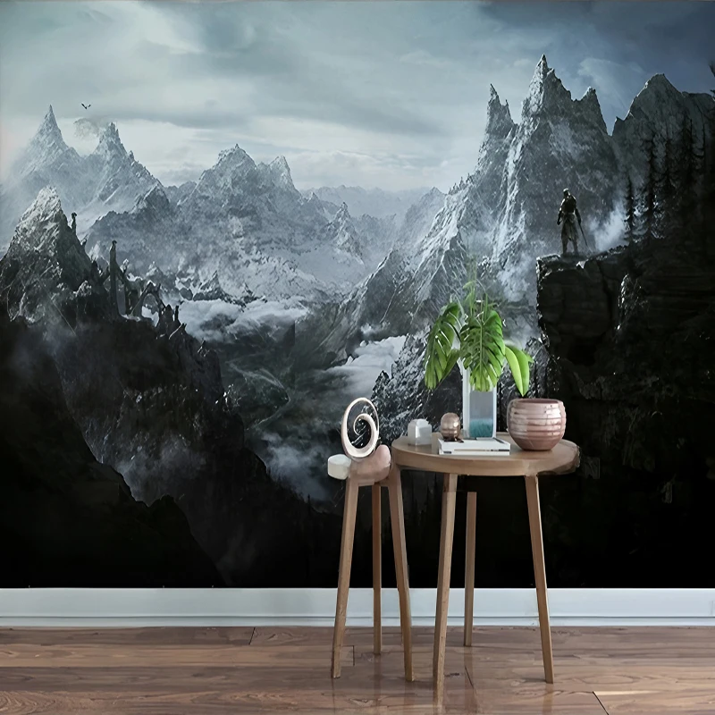MU8714 Style Ink Line Art Mural Custom Abstract Wallpaper 3D Hand-Painted Mountain River Design for Elegant Living Room Bedroom