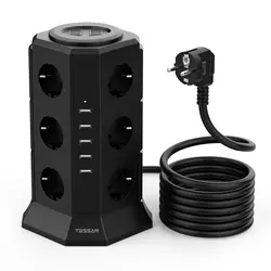 TESSAN Multi-Socket Tower Power Strip with 12 Outlets 5 USB Ports EU Plug Extension Socket Overload Protection for Home Office