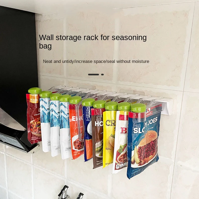 

Kitchen accessories Seasoning Bag Sealing Clip Multifunctional Non Punching Kitchen Wall Mounted Seasoning Bag Storage Rack