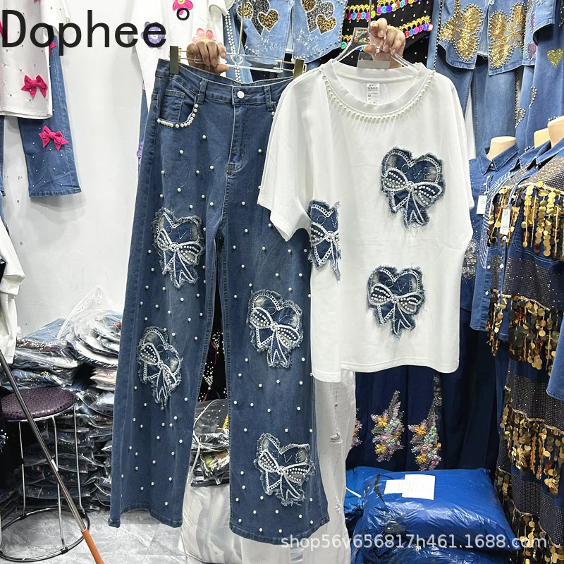 

Fashion Jeans and Top Two-piece Sets 2025 New Summer Patch Embroidery Loose Short Sleeve T-shirt + Beads Wide Leg Denim Pants
