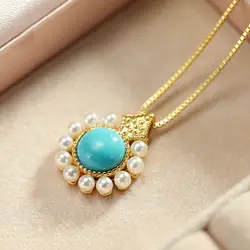 New Silver Inlaid Turquoise pearl jewelry set Chinese style retro charm gilded light luxury charming women's anniversary