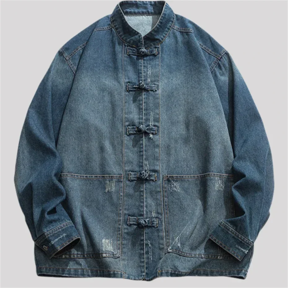 Harajuku Denim Jacket Men Streetwear Hip Hop Cowboy Chinese Vintage Y2K Jeans Coat Men Retro Casual Washed Thin Blue Jackets