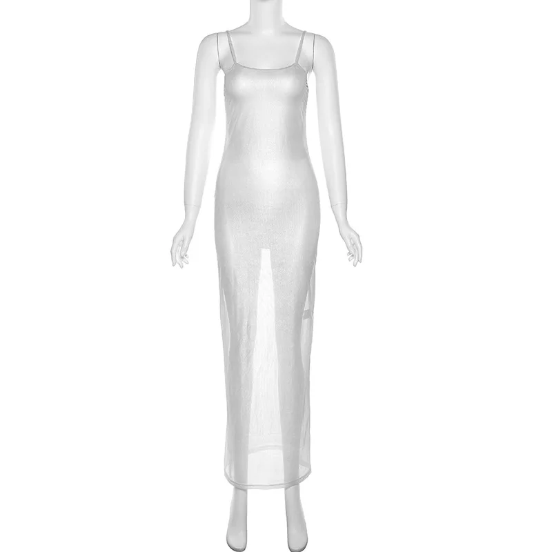 Women\'s clothing 2023 spring and summer new nightclub fashion babes sexy see-through net ironing silver slim suspender dress