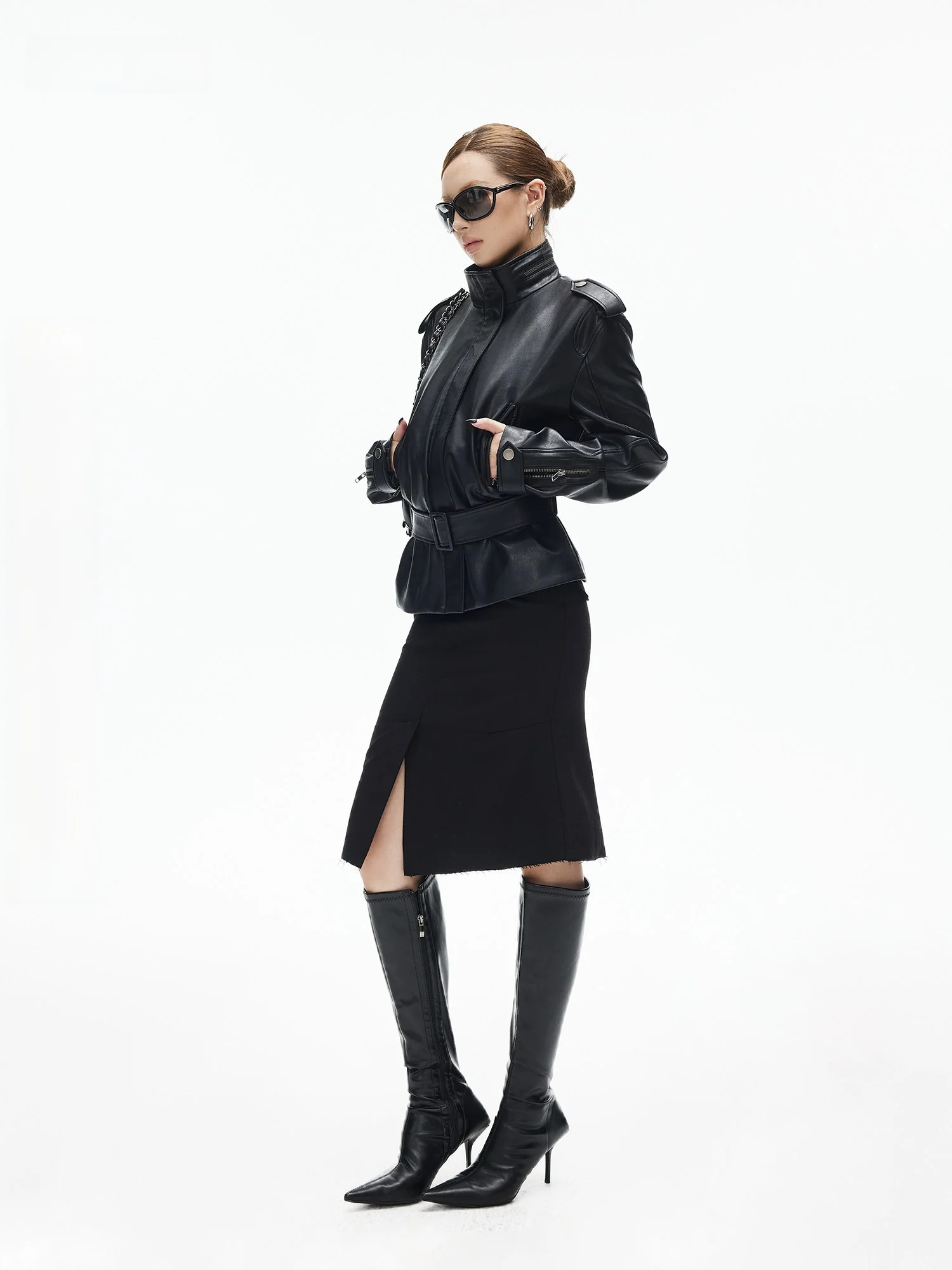 

Soft Matte Bla PU Leather Jaet Stand Collar Waist Belt Functional Sle ort Wide Leather Coat by Iamxiaa Commute Sle ...