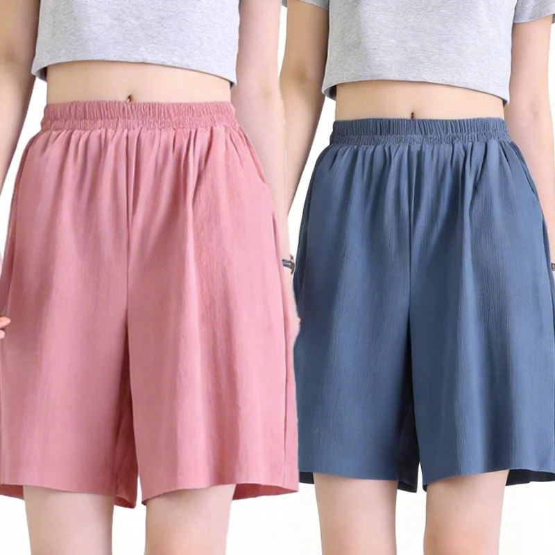 Women Spring Summer Casual Wide Leg Shorts Pants Ice Silk Solid High Elastic Large Size Modal Pocket Loose Short Pant Homewear