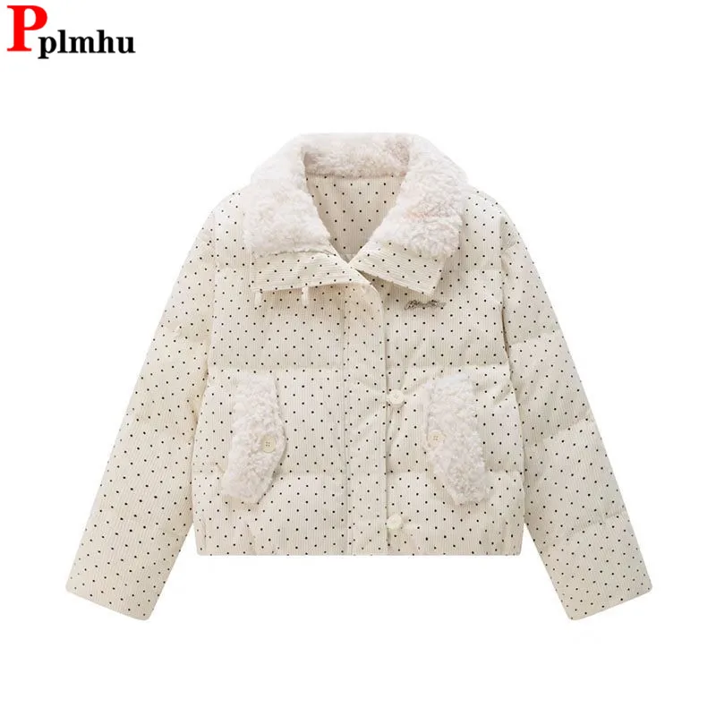 Korea Dot Print Faux Fur Collar Cotton Coats  Snow Wear Jackets Casaco Loose Causal Chaquetas Tops Winter Women Parkas Abrigos