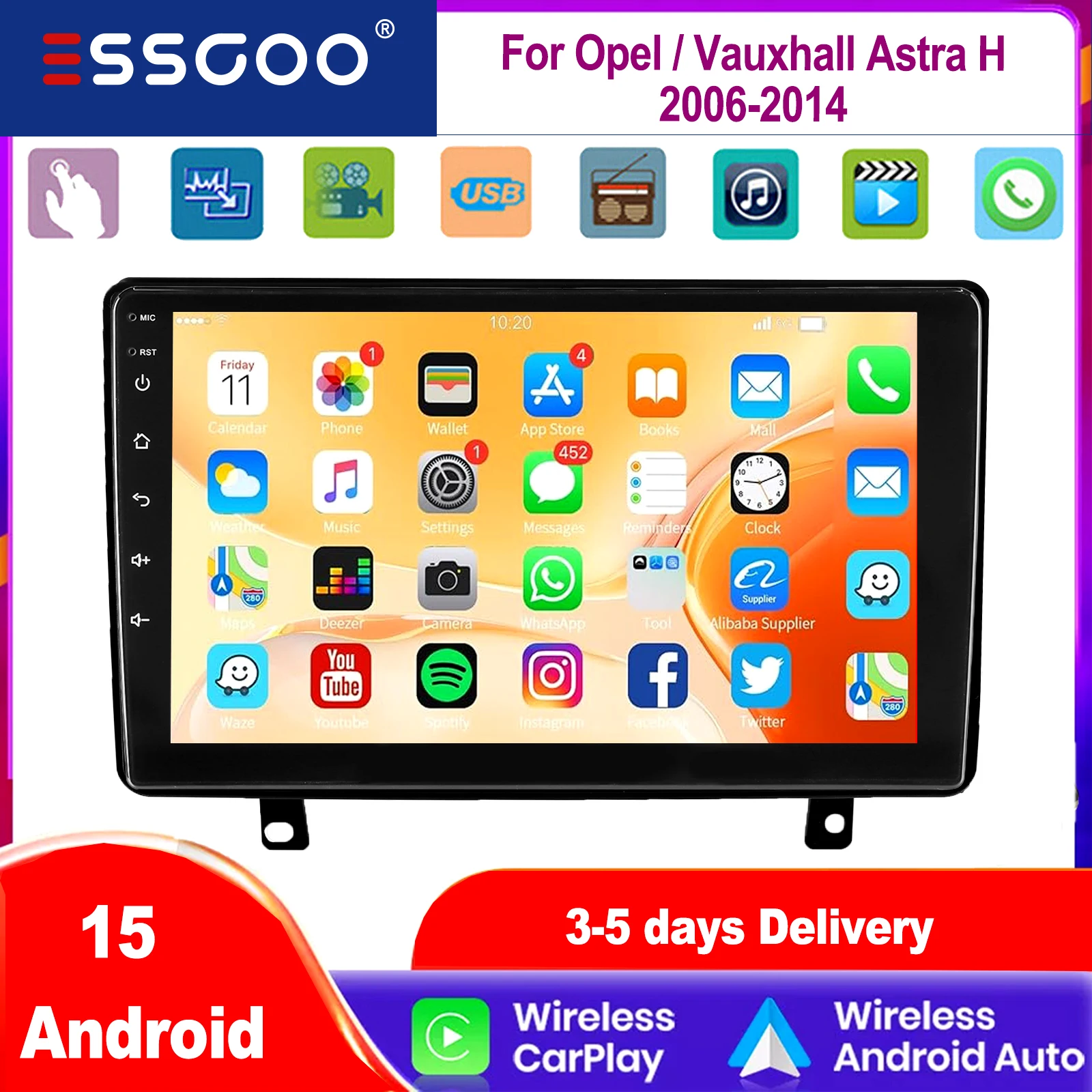 ESSGOO 9 Zoll IPS Touchscreen Für Opel/Vauxhall Astra H 2006-2014 Wireless Apple Carplay Android Auto Android 15 Autoradio GPS Navigation WIFI Lenkradfernbedienung BT FM RDS Spiegel Link ASP Sound