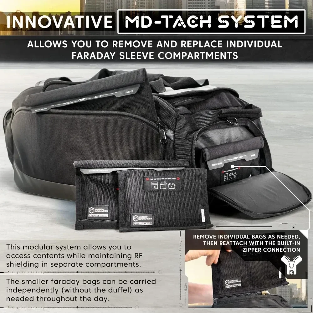 Darkness Disconnect Faraday Duffel Bag + 4 Detachable Faraday Pockets // Military-Grade RF Shielding for Large Electronics