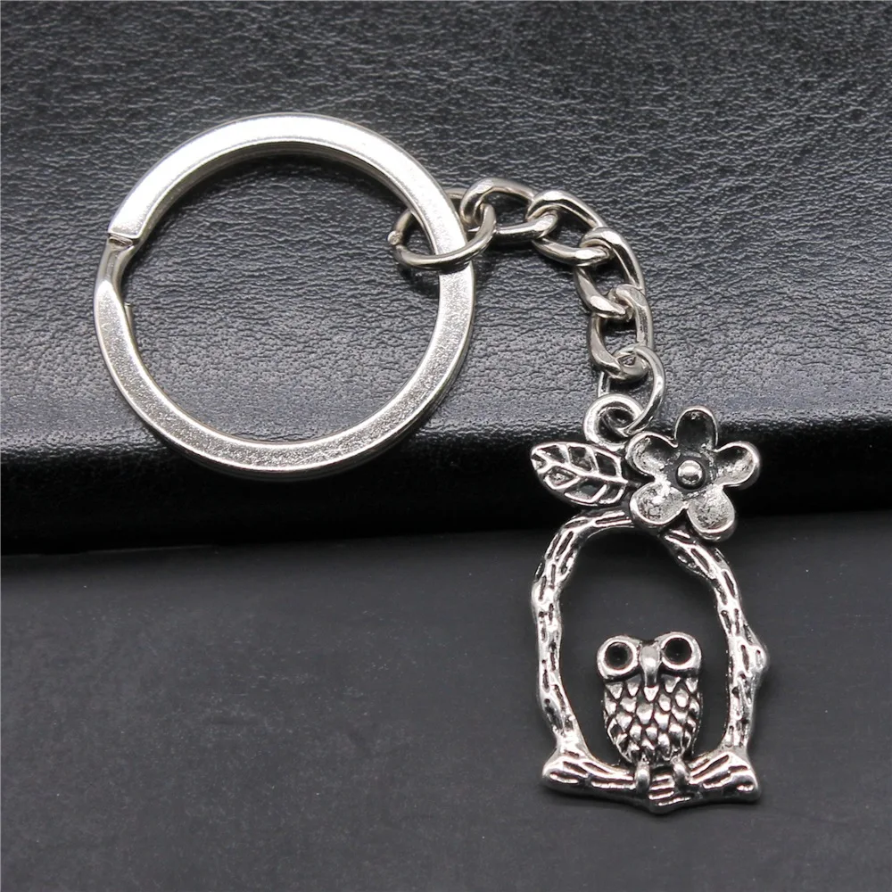 Souvenirs Gift DIY Metal Keychain Holder Antique Silver Color 17x31mm Cute Flower Owl Pendant Keyring
