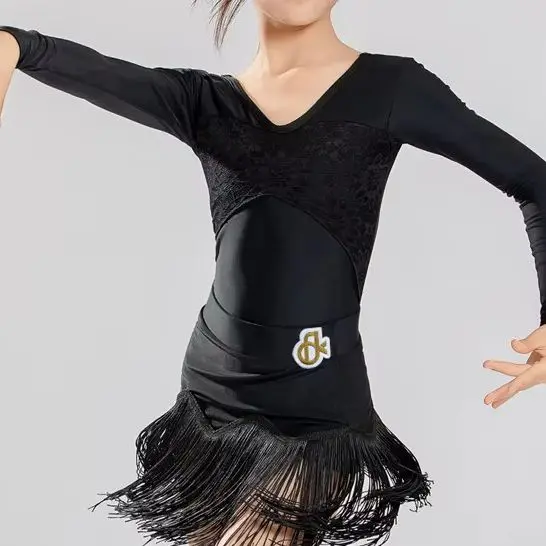 

Latin dance costume - girl's training outfit, performance outfit, long-sleeved fringed dance performance outfit, Latin dance set