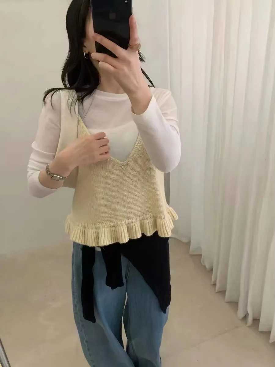 Korean Style Yellow V-Neck Ruffle Sleeveless Tank Top Women Early Autumn High-End Sense Layering Inner Wear Small Top