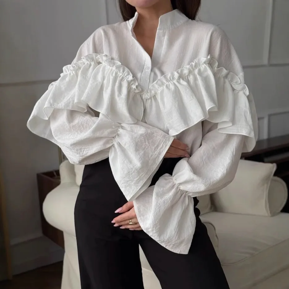 

Spring and Summer New Women's Clothing Temperament Elegant Lace Laminated Decorative Casual Shirt Lace Splicing Long-sleeved Top
