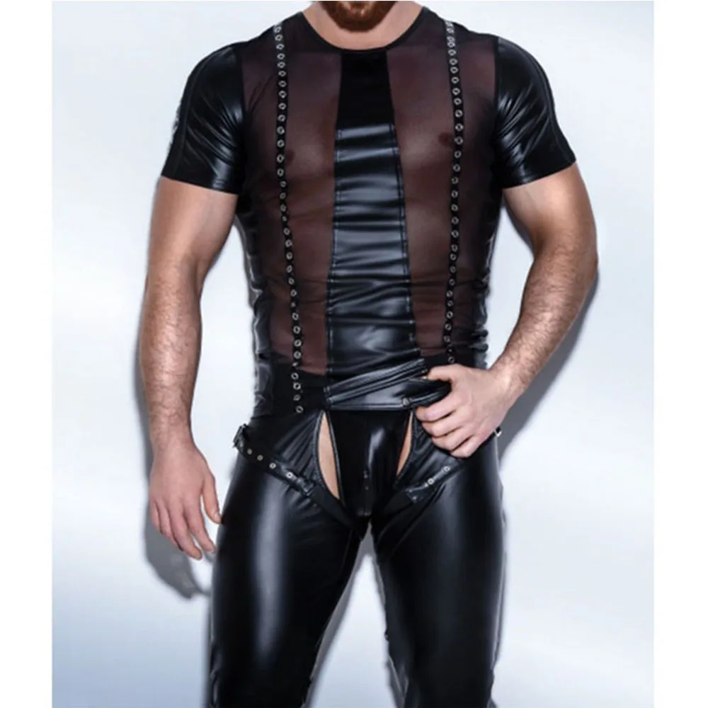 Newest PU Leather T Shirts Men Undershirts Sexy Fitness Tops Gay T-shirt Tees Mens Stage T-shirt O-Neck Sexy Men Casual Clothes