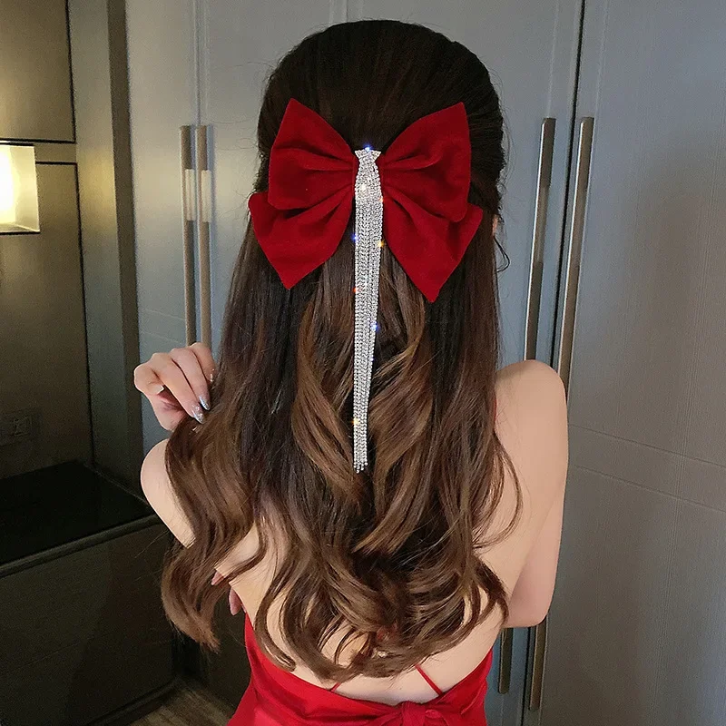 

Bridal Red Bow Hair Claws for Women Velvet Inlaid Rhinestone Pearl Bow Hair Clip for Women Korean Fashion Hair Claw Accessories