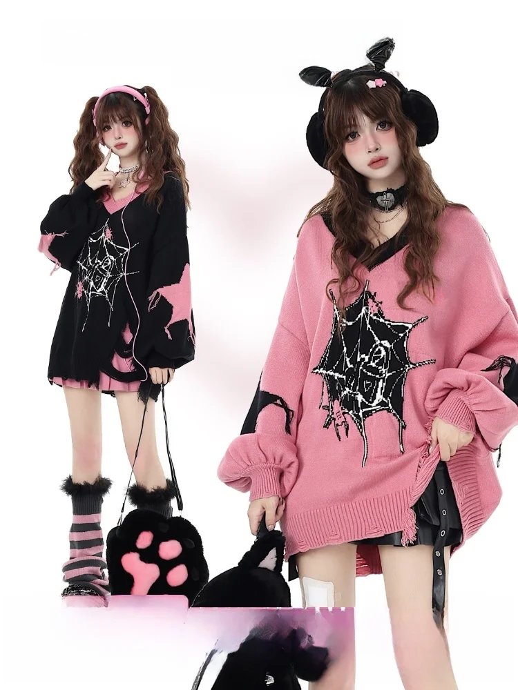 

Crazygirl Original Dark Cool Star Autumn Winter Loose Knitted V-Neck Sweater Street Style Regular Fit Pure E-Commerce Sale