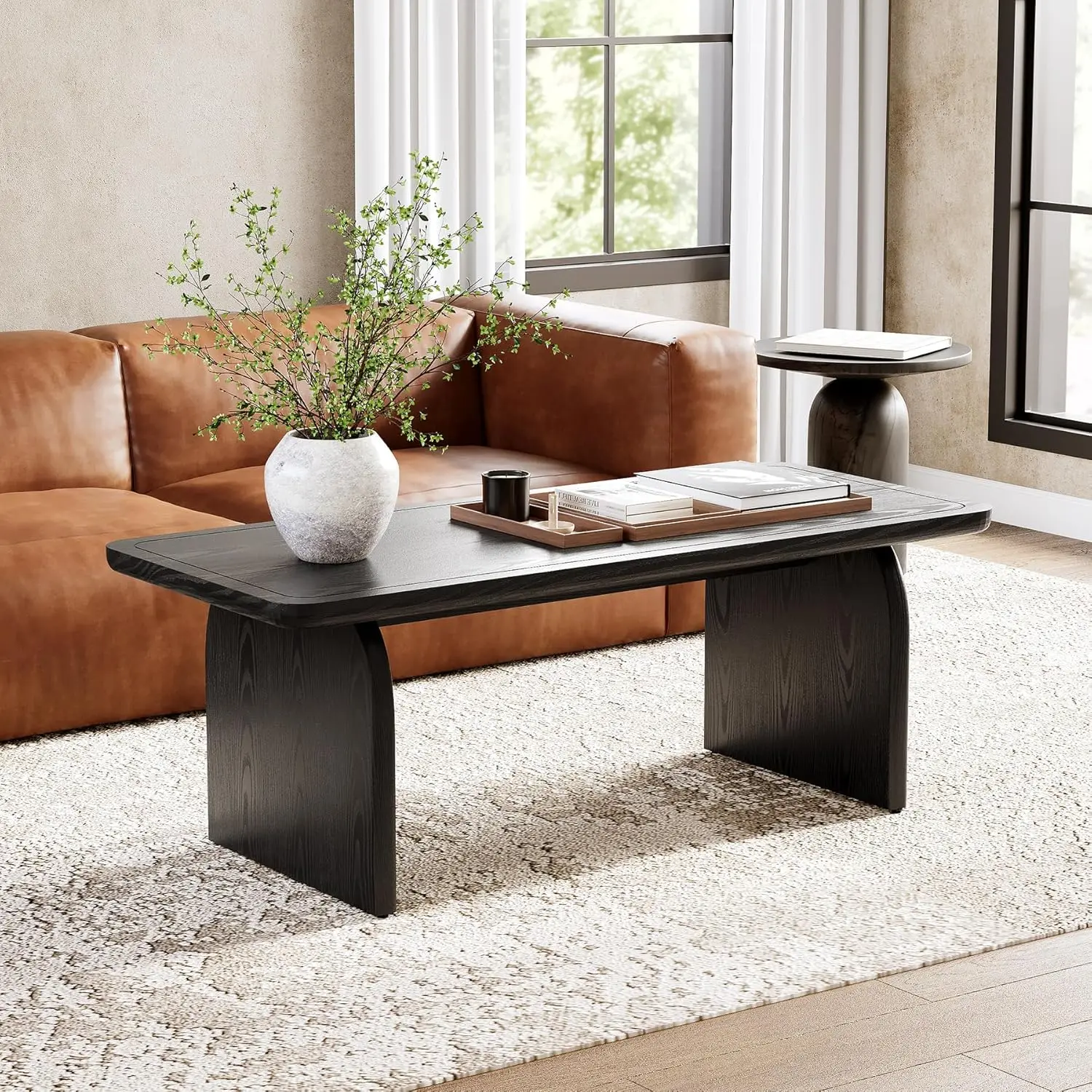 

Farmhouse Coffee Table, 47 Inches Wooden Center Tables with Rounded Corners, Rectangular Living Room Tables