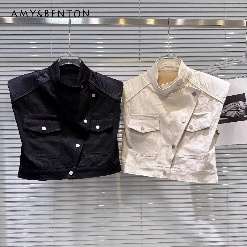 

2026 Spring New Women's Clothing Fashion Sweet And Cool Hot Girl Sexy Bevel Metal Buckle Design Shoulder Pad Vests Top Ladies