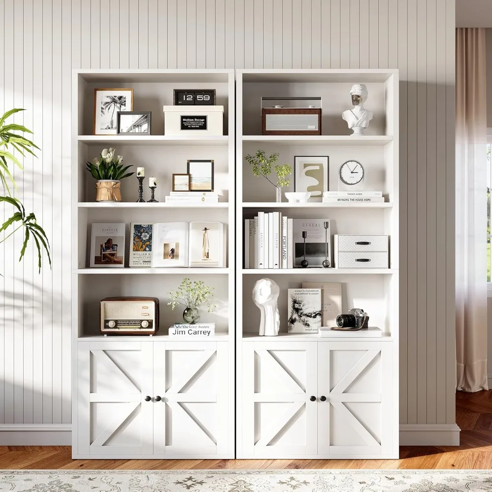 Rak Buku Kayu Tinggi 6 Tingkat dengan Pintu Kabinet, Penyimpanan Berdiri untuk Buku dan Perlengkapan Kantor