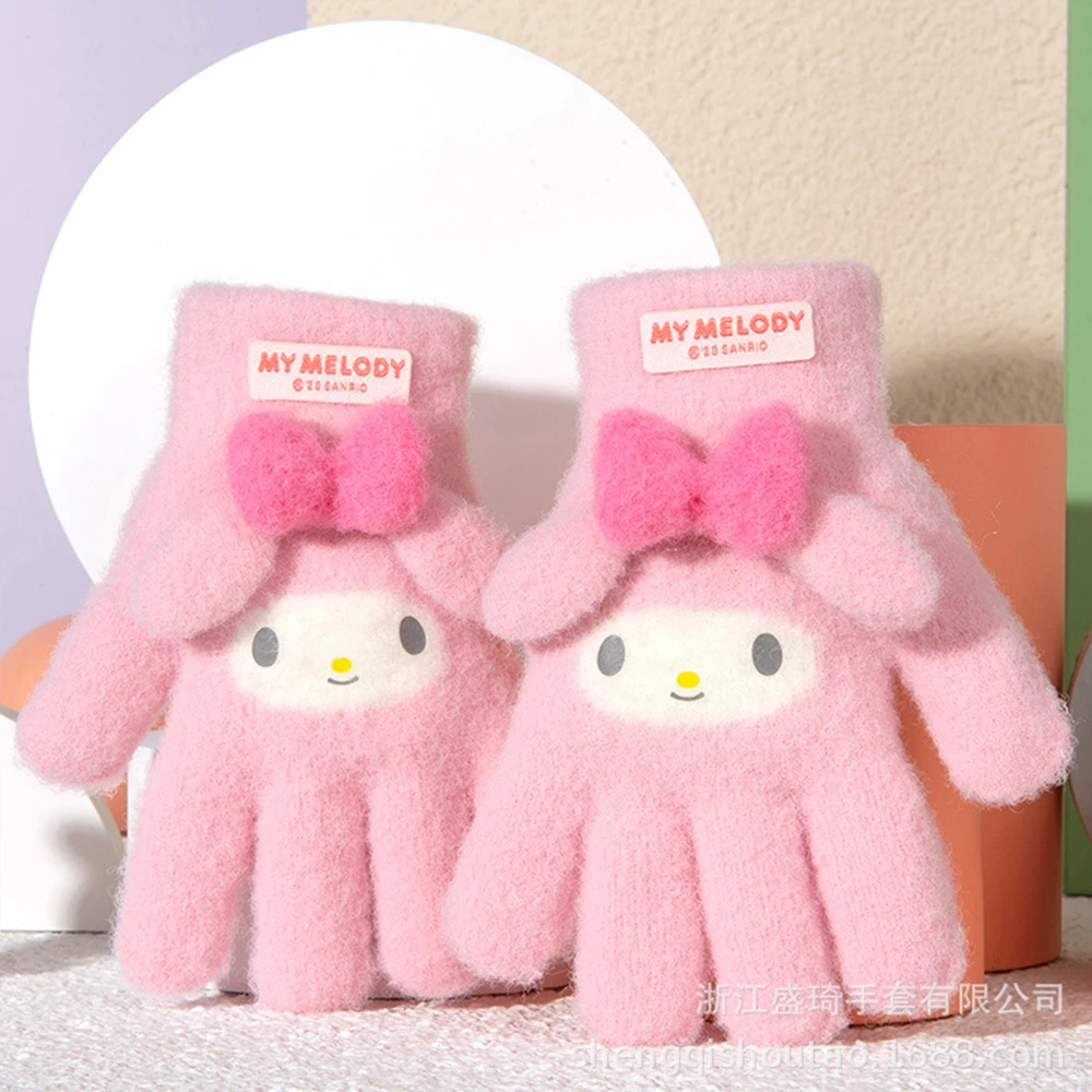 Anime Sanrioed My Melody Plush Gloves Kids Cartoon Kuromi Kawaii Winter Thickened Mittens Girls Five Finger Gloves Festival Gift