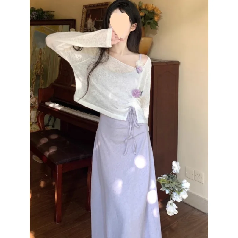 

Purple Camisole Skirt Three-dimensional Flower Bamboo Cotton Outer Cover Two-piece Set 2026 Spring/summer Fashion Dress Set