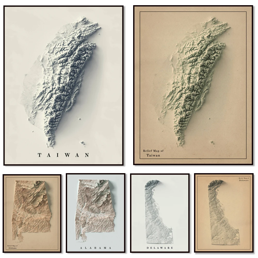 Taiwan, Grand Canyon, Delaware, Connecticut, Colorado, Arkansas, Alabama, Alaska Map, Topographic Map Poster Canvas Print