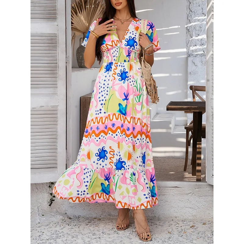 T Е Bohemian Flower Stampato Abiti lunghi Donna 2026 A-line Scollo a V Manica a sbuffo Vita alta Vacanza estiva Max Dress 180827
