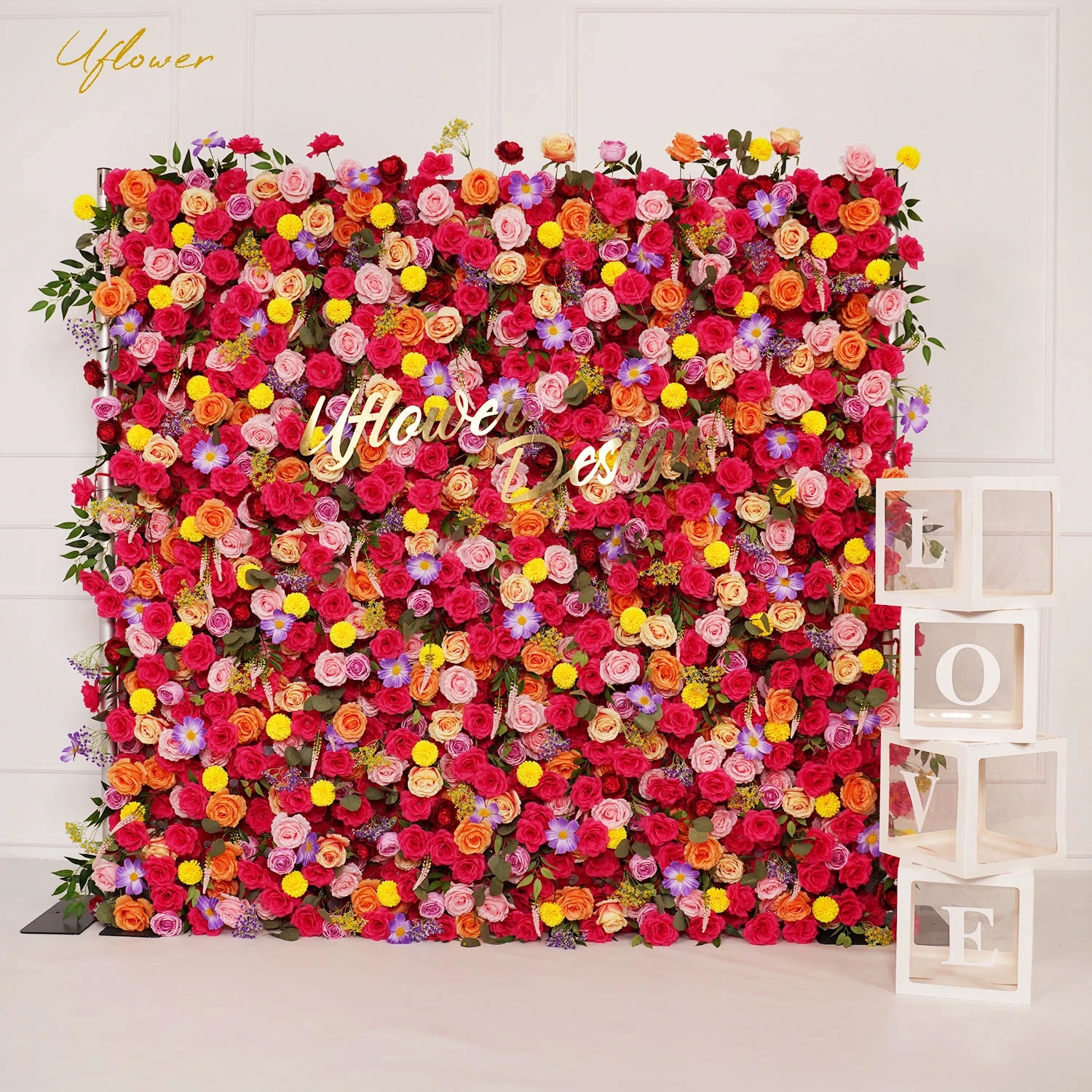 Uflower Autumn Colorful Rose Artificial Flower Wall Arch Wedding Backdrop Fabric Floral Wall Window Display Event Party Props