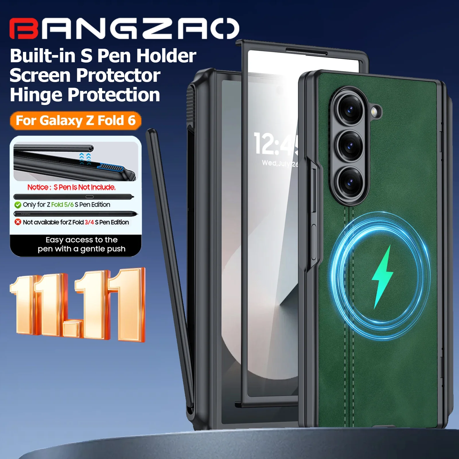 

Глобальный карнавальный фестиваль, для Galaxy Z Fold 6, с держателем для ручек S, защита петель, защита экрана, противоударный чехол для ПК - зеленый